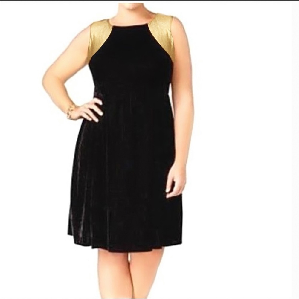 NY Collection Plus 1X Black Gold Elegant Dress Party Holiday Velvet‎ Stretchy